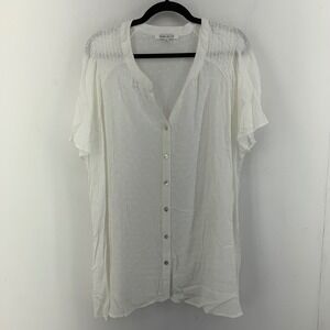 Rose + Olive White Swiss Dot Flutter Sleeve Smocked Button Front Blouse Top 2X